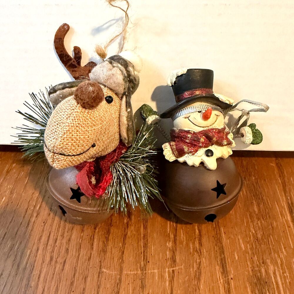 Vintage Christmas Jingle Bell Ornaments Snowman Reindeer Rustic Lot of 2